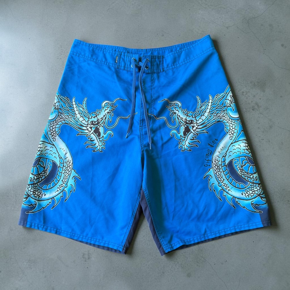 Piping Hot Mens Blue Dragon Print Board Shorts Swim Trunks Size 34 Y2K Surf